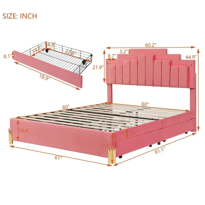 Queen Upholstered Platform Bed with LED Lights and Four Storage Drawers