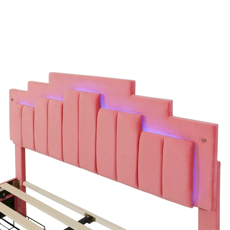 Queen Upholstered Platform Bed with LED Lights and Four Storage Drawers