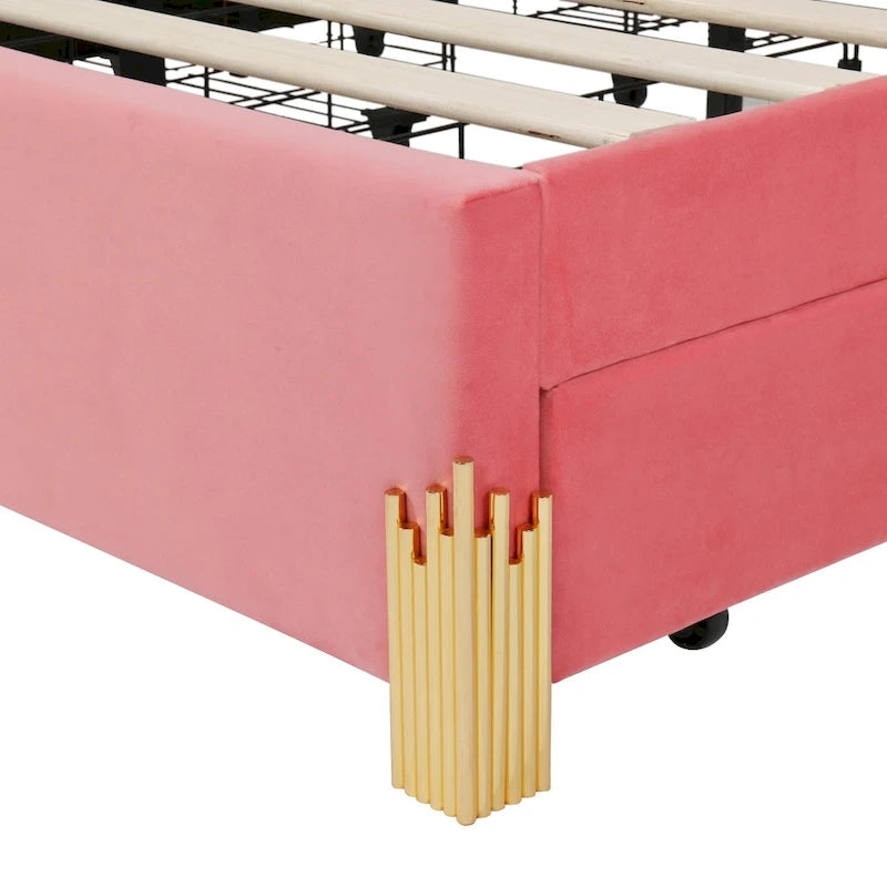 Queen Upholstered Platform Bed with LED Lights and Four Storage Drawers