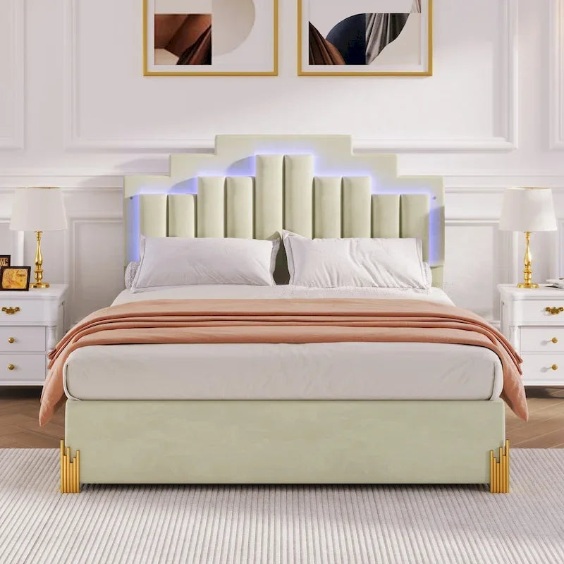 Queen Upholstered Platform Bed with LED Lights and Four Storage Drawers