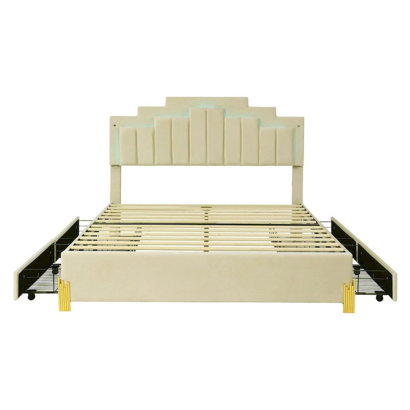 Queen Upholstered Platform Bed with LED Lights and Four Storage Drawers