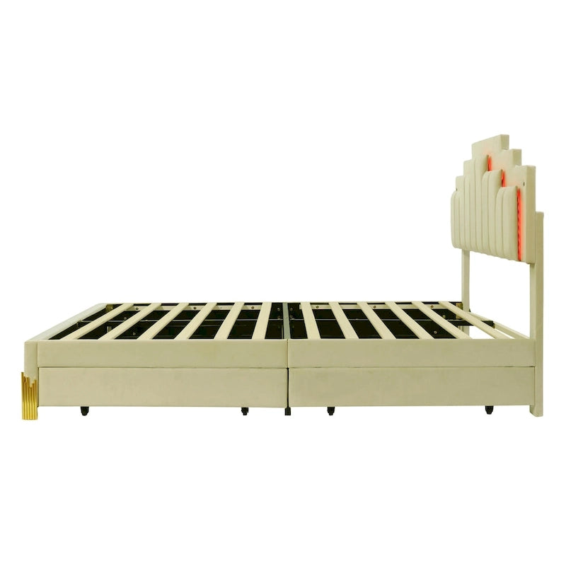 Queen Upholstered Platform Bed with LED Lights and Four Storage Drawers