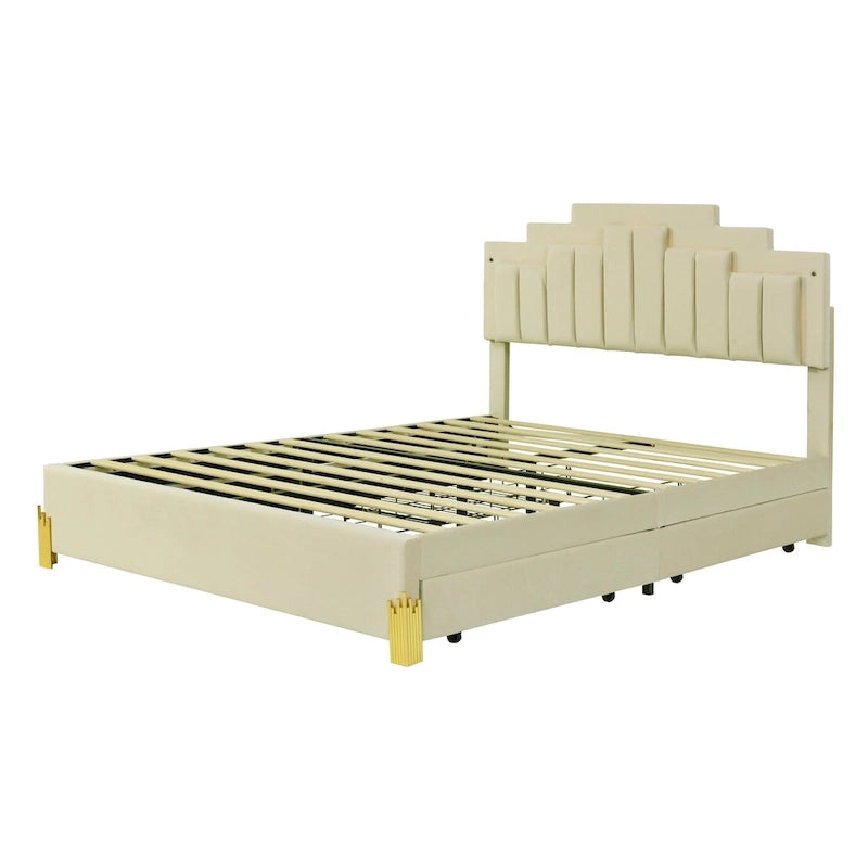Queen Upholstered Platform Bed with LED Lights and Four Storage Drawers