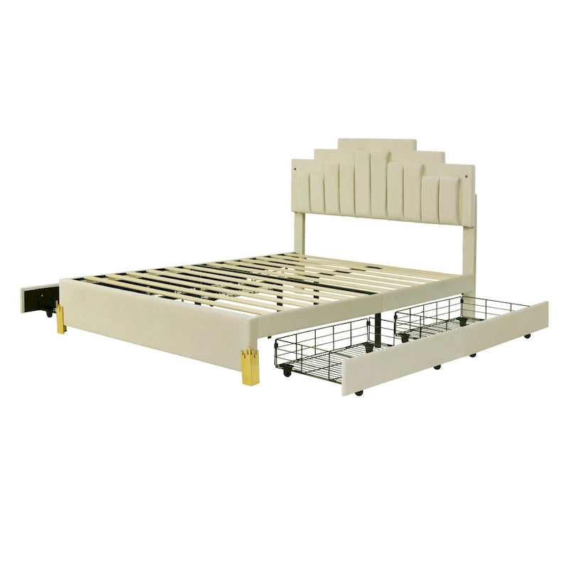 Queen Upholstered Platform Bed with LED Lights and Four Storage Drawers