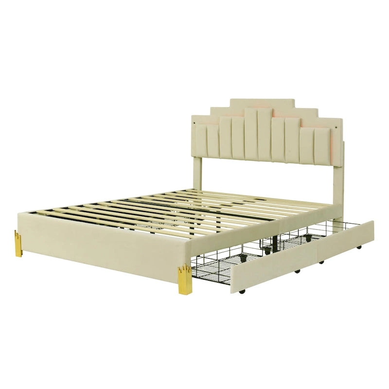 Queen Upholstered Platform Bed with LED Lights and Four Storage Drawers