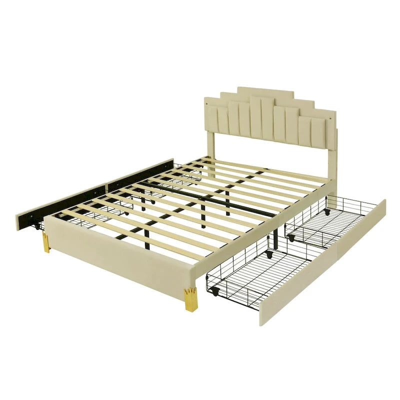 Queen Upholstered Platform Bed with LED Lights and Four Storage Drawers