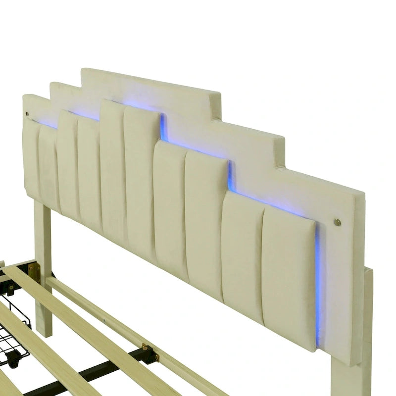 Queen Upholstered Platform Bed with LED Lights and Four Storage Drawers