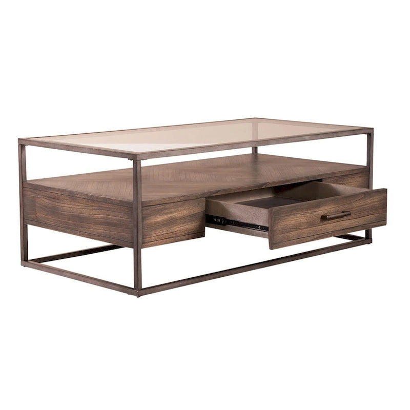 Brown Rectangular Glass Top Cocktail Table