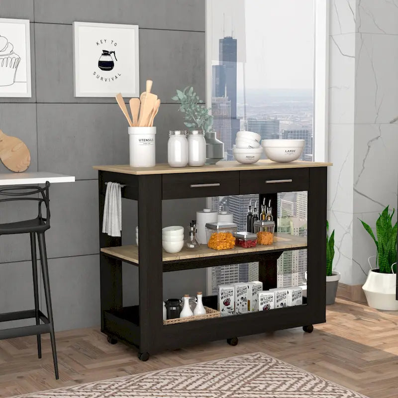 Kitchen Island with Two Drawers and Open Shelves