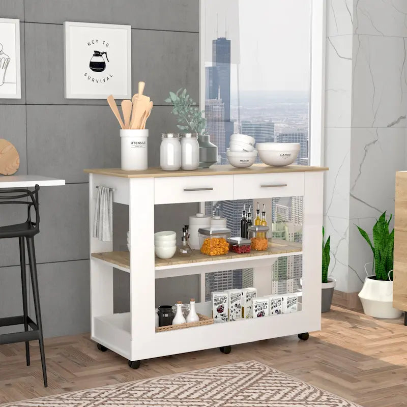 Kitchen Island with Two Drawers and Open Shelves