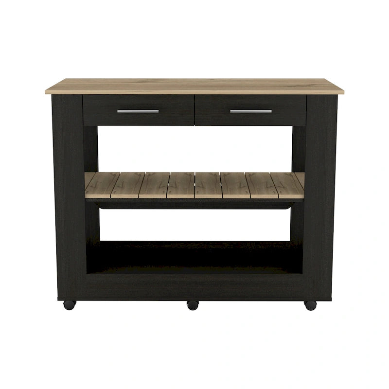 Kitchen Island with Two Drawers and Open Shelves