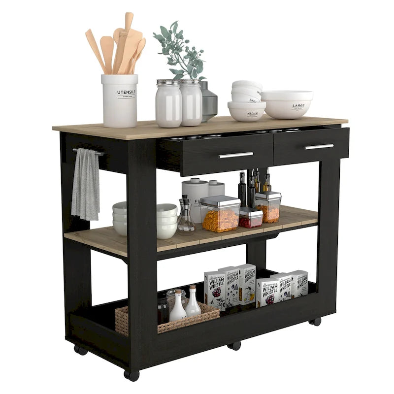 Kitchen Island with Two Drawers and Open Shelves
