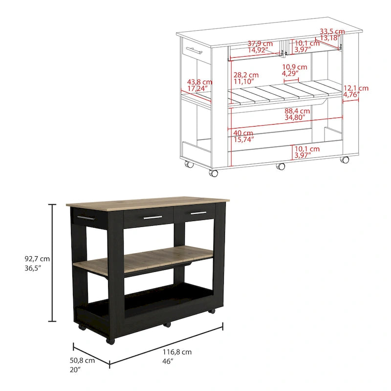 Kitchen Island with Two Drawers and Open Shelves