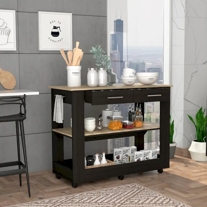Kitchen Island with Two Drawers and Open Shelves