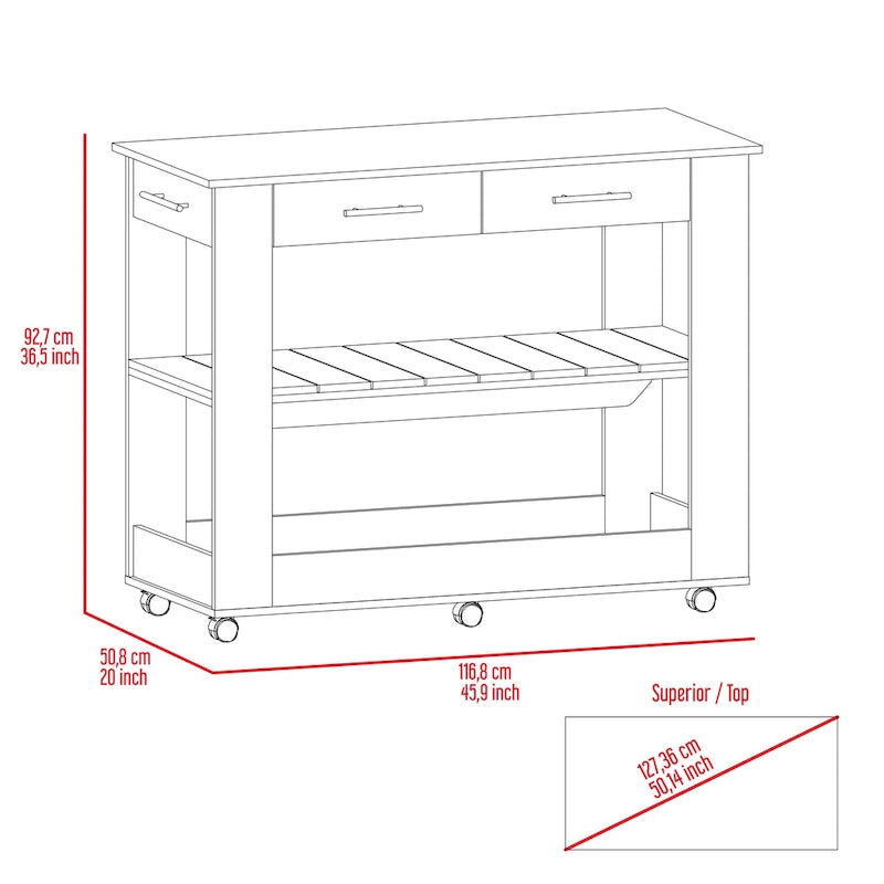 Kitchen Island with Two Drawers and Open Shelves