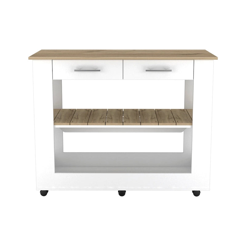 Kitchen Island with Two Drawers and Open Shelves
