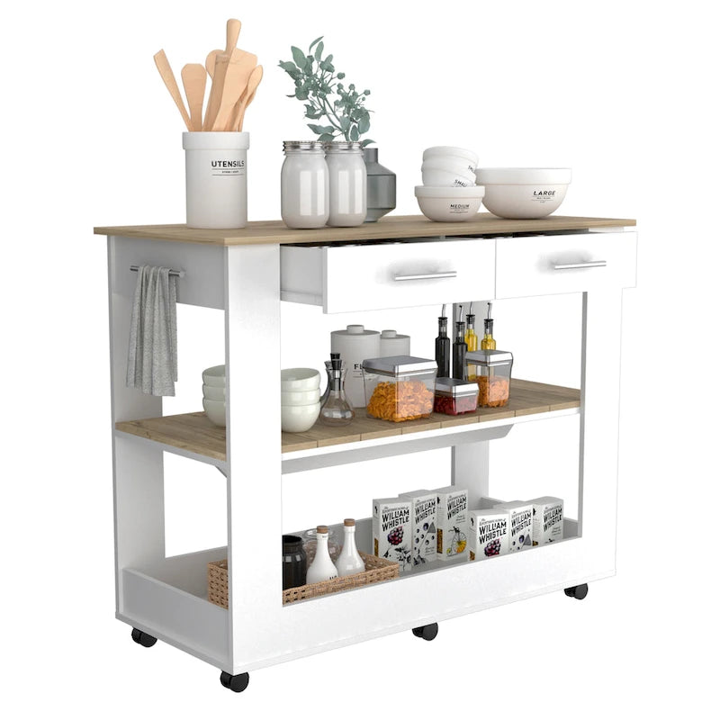 Kitchen Island with Two Drawers and Open Shelves