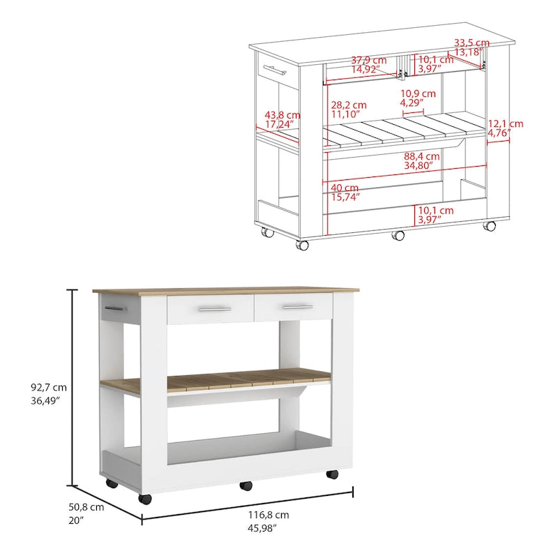 Kitchen Island with Two Drawers and Open Shelves
