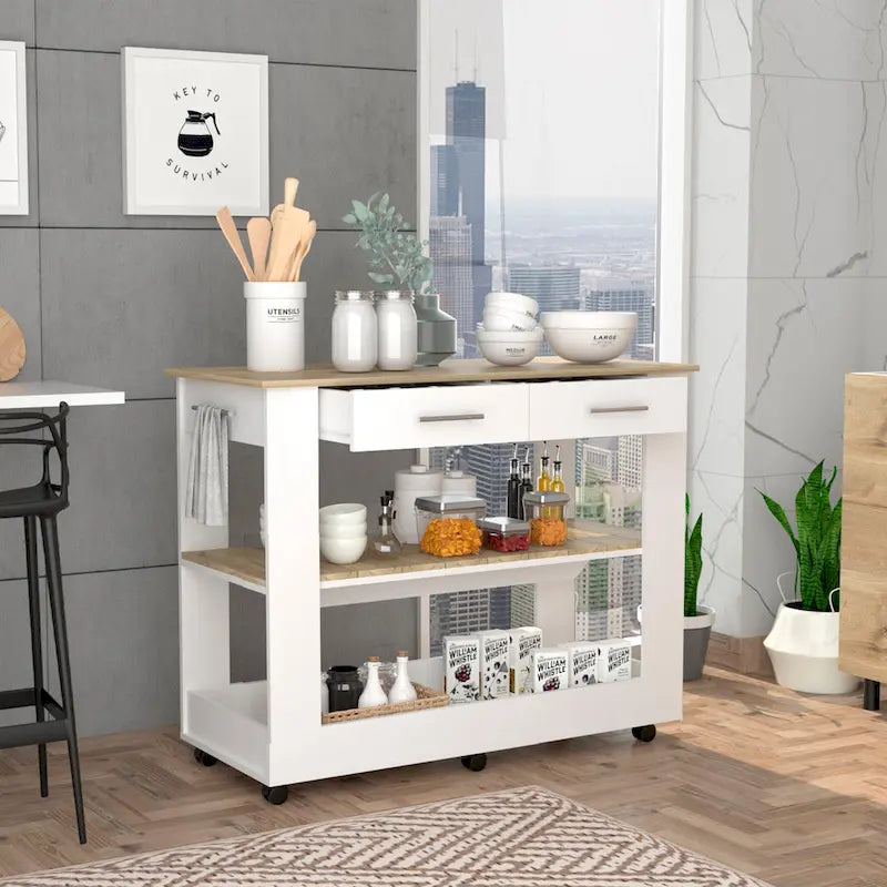Kitchen Island with Two Drawers and Open Shelves