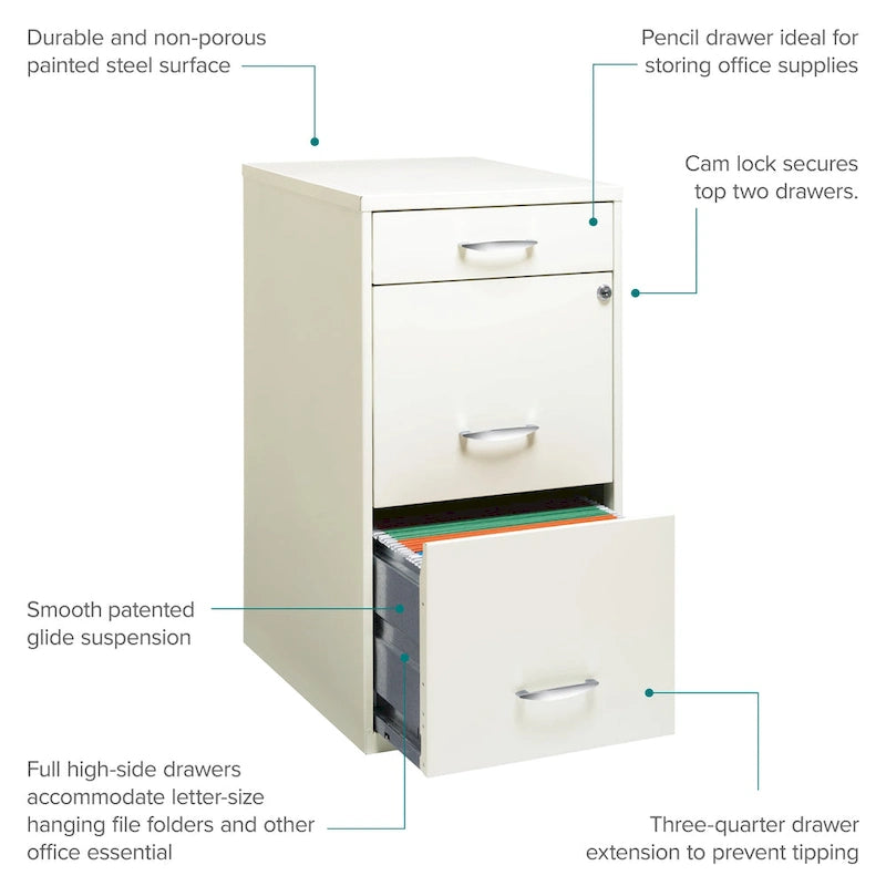18-Inch Deep Three-Drawer Steel File Cabinet, Off-White