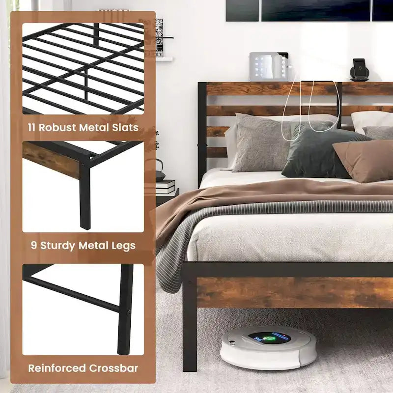 Industrial Metal Bed Frame with Charging Station and Storage Headboard