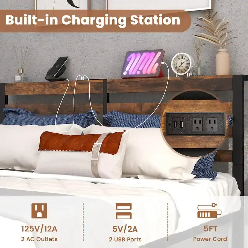 Industrial Metal Bed Frame with Charging Station and Storage Headboard