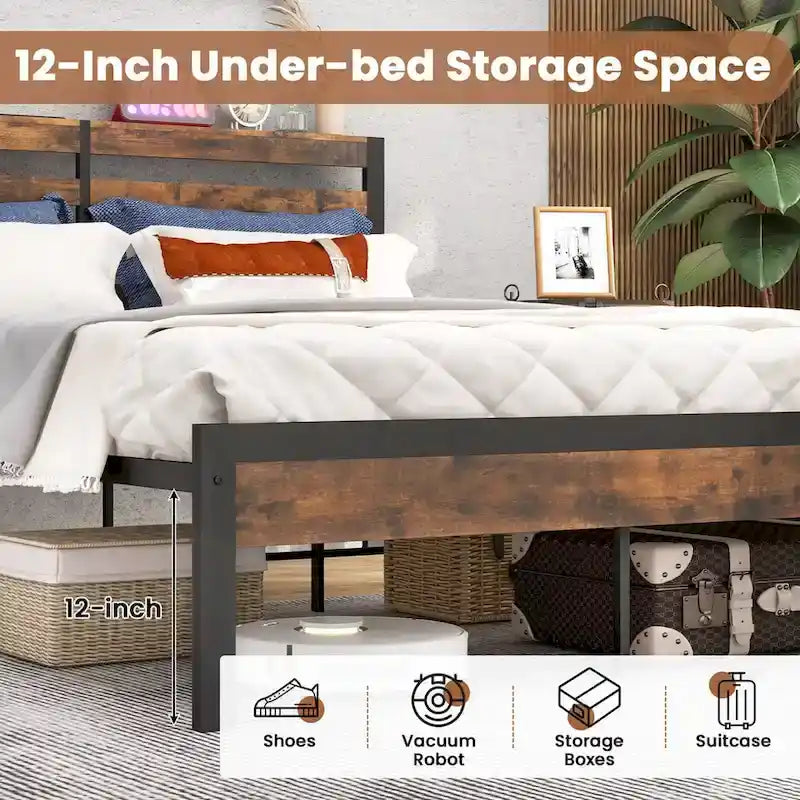 Industrial Metal Bed Frame with Charging Station and Storage Headboard