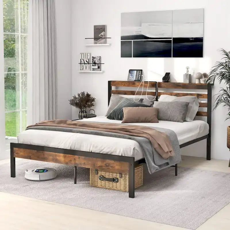 Industrial Metal Bed Frame with Charging Station and Storage Headboard