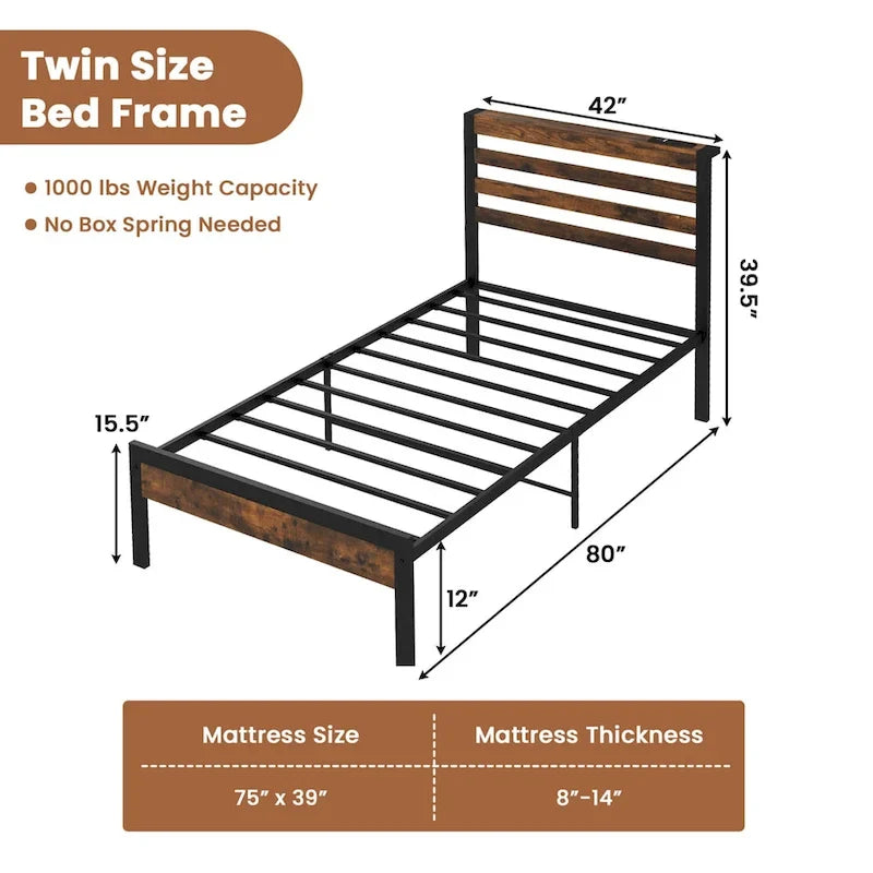 Industrial Metal Bed Frame with Charging Station and Storage Headboard