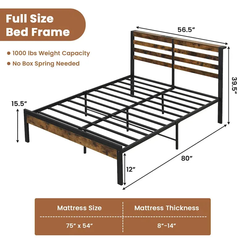 Industrial Metal Bed Frame with Charging Station and Storage Headboard