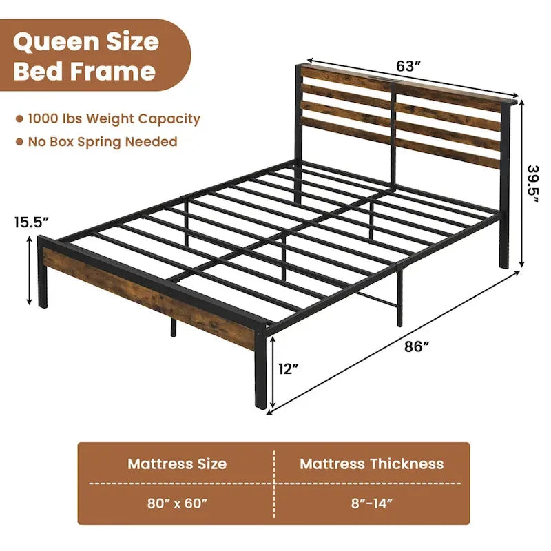 Industrial Metal Bed Frame with Charging Station and Storage Headboard