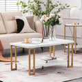 Two-Tier White Faux Marble Coffee Table with Gold Metal Frame