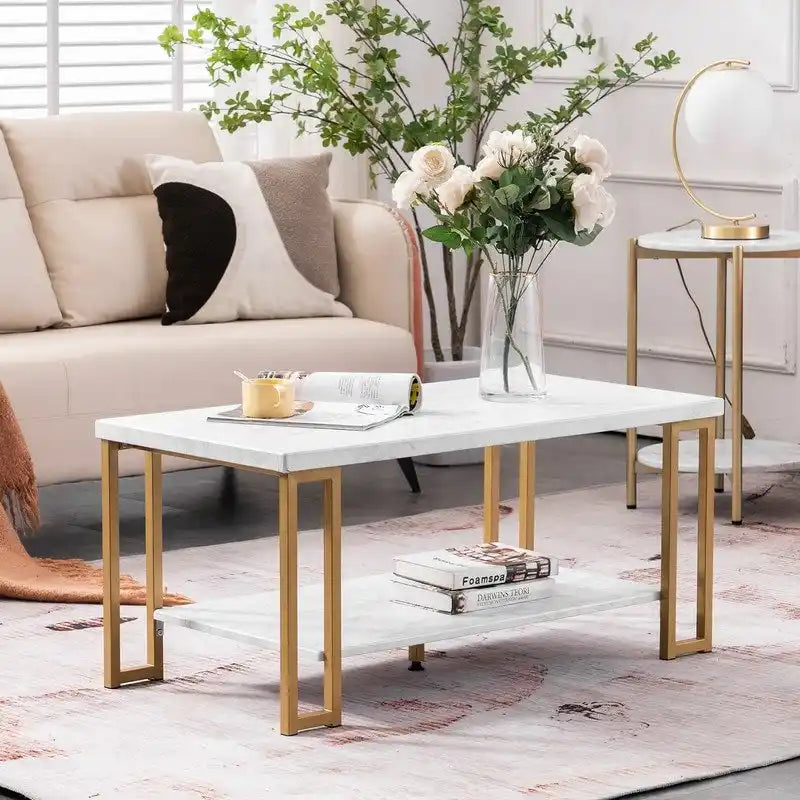 Two-Tier White Faux Marble Coffee Table with Gold Metal Frame
