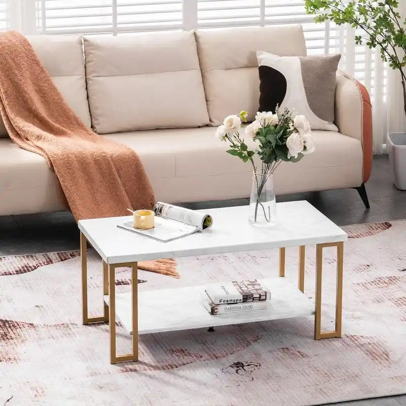 Two-Tier White Faux Marble Coffee Table with Gold Metal Frame
