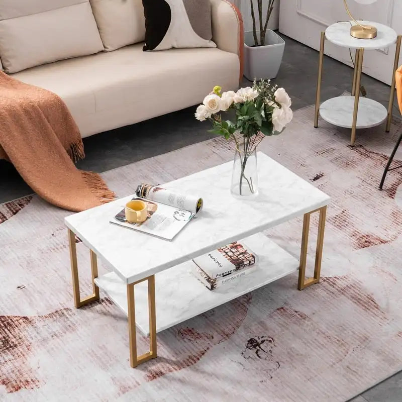 Two-Tier White Faux Marble Coffee Table with Gold Metal Frame