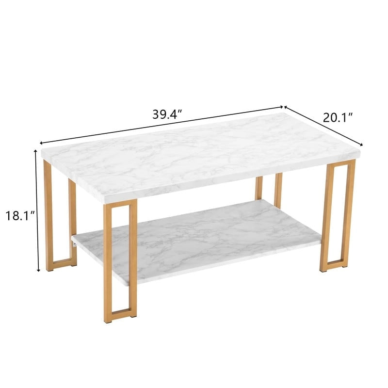 Two-Tier White Faux Marble Coffee Table with Gold Metal Frame