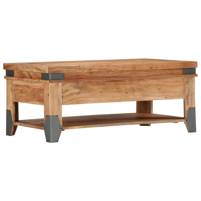 Solid Acacia Wood Coffee Table with Two Drawers and Shelf