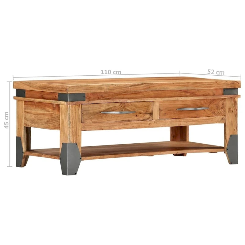 Solid Acacia Wood Coffee Table with Two Drawers and Shelf