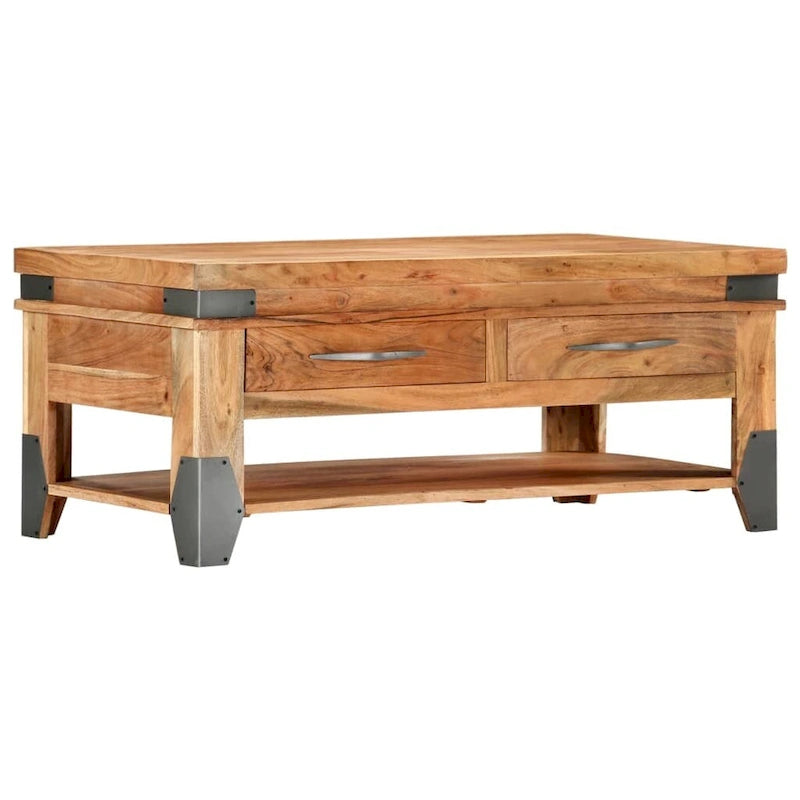 Solid Acacia Wood Coffee Table with Two Drawers and Shelf