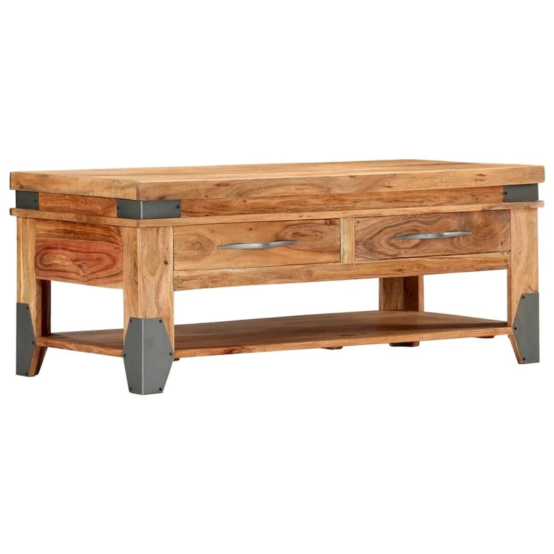 Solid Acacia Wood Coffee Table with Two Drawers and Shelf