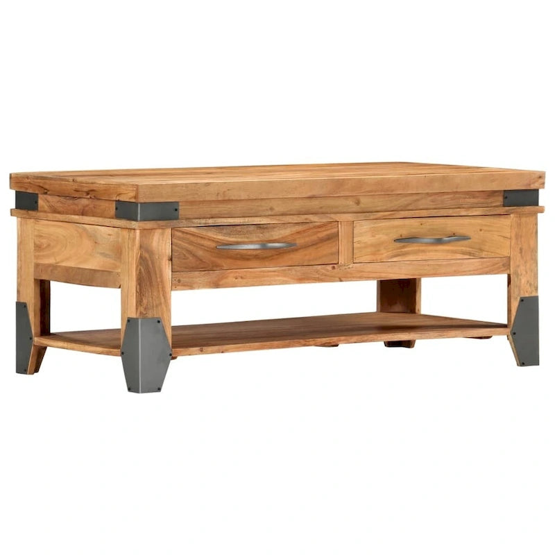 Solid Acacia Wood Coffee Table with Two Drawers and Shelf