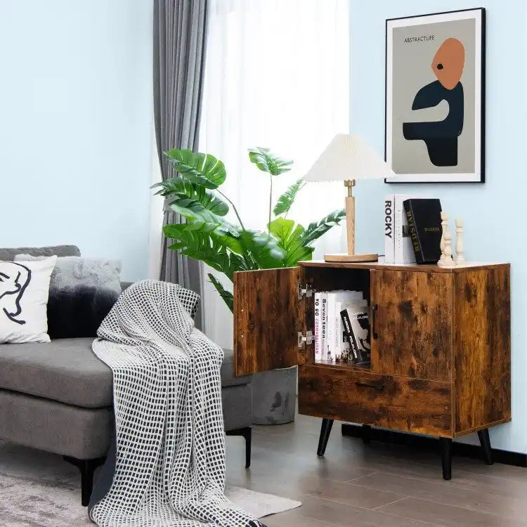 Modern Floor Storage Cabinet with Two Doors and Pull-Out Drawer