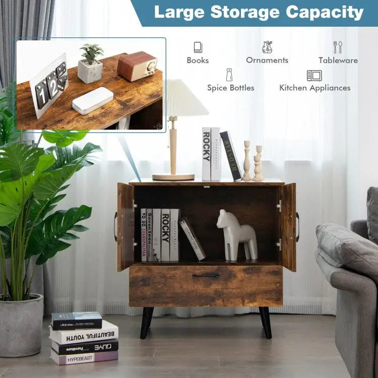 Modern Floor Storage Cabinet with Two Doors and Pull-Out Drawer