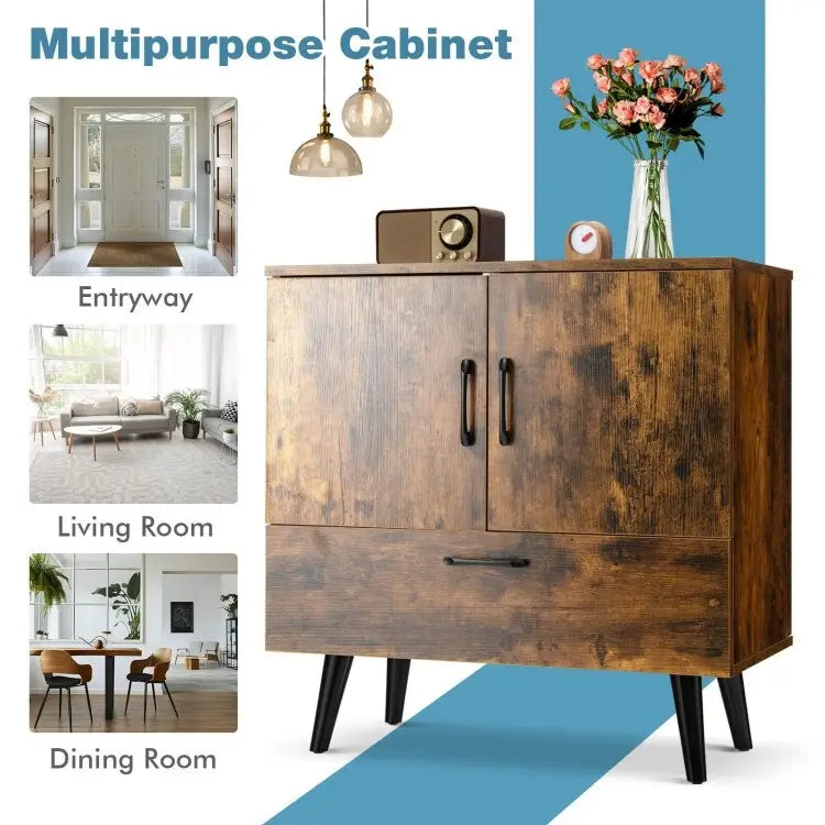 Modern Floor Storage Cabinet with Two Doors and Pull-Out Drawer