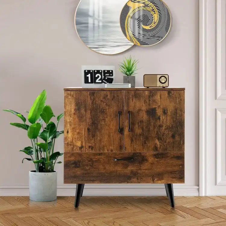 Modern Floor Storage Cabinet with Two Doors and Pull-Out Drawer