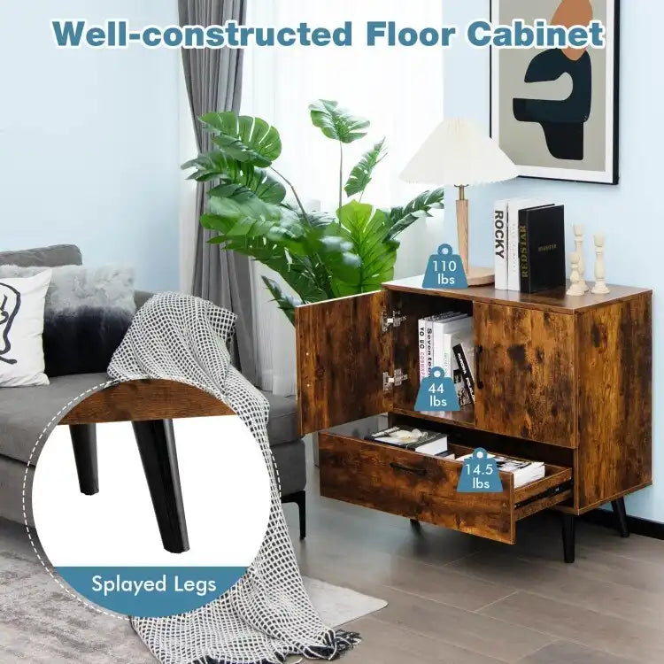 Modern Floor Storage Cabinet with Two Doors and Pull-Out Drawer