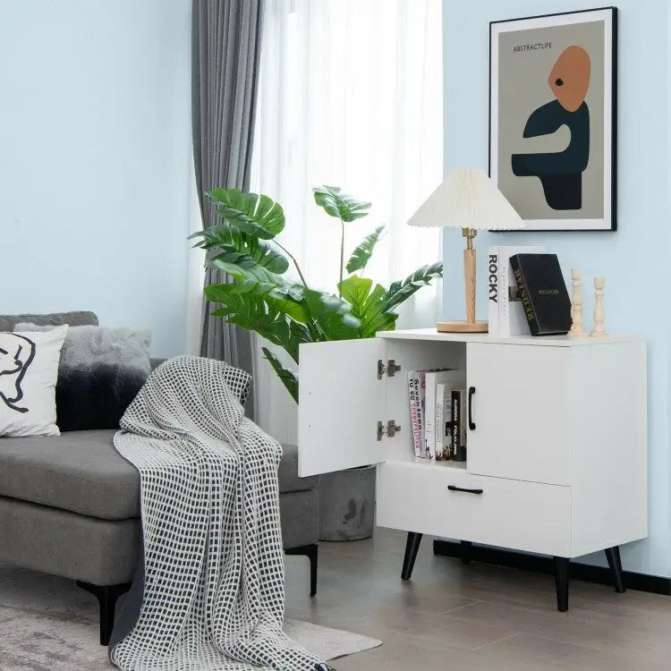 Modern Floor Storage Cabinet with Two Doors and Pull-Out Drawer