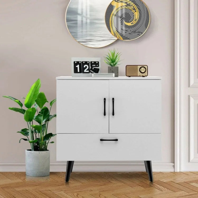 Modern Floor Storage Cabinet with Two Doors and Pull-Out Drawer