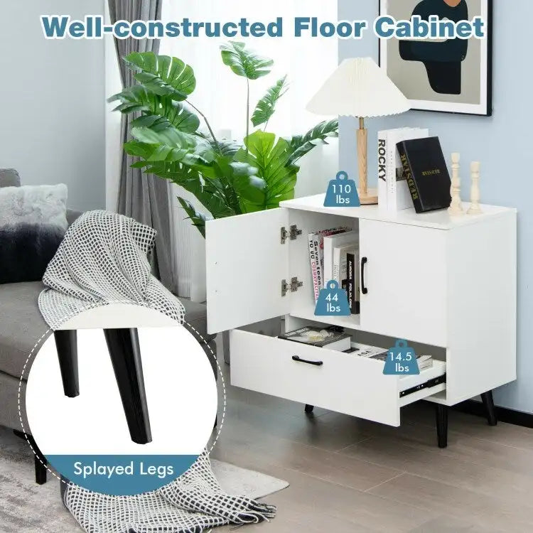 Modern Floor Storage Cabinet with Two Doors and Pull-Out Drawer
