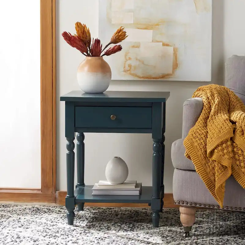 Vintage Poplar Wood Accent Table with Drawer and Open Shelf